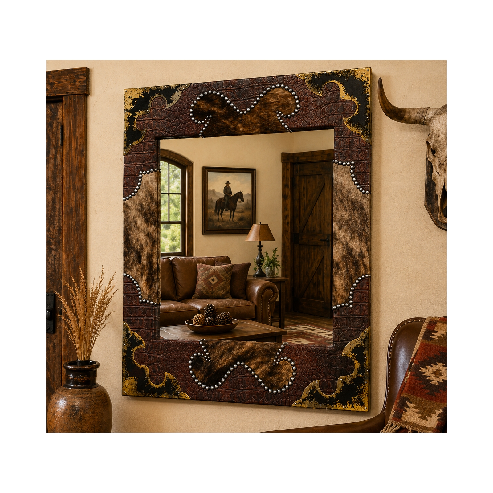 Western Cowhide Bathroom Vanity Mirror Frame